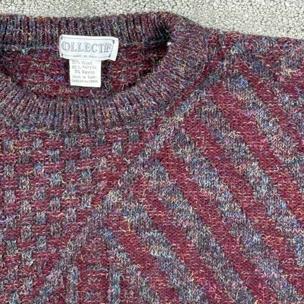 Collectif Sweater Men M Burgundy Multi Knit Wool Blend Made in Italy Coogi Style